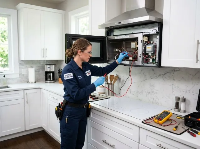 Appliance Repair Hero technician testing an over-the-range microwave in a Apple Valley, CA kitchen